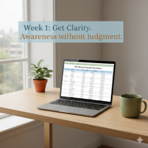 Laptop on a desk facing a window with a plant and coffee