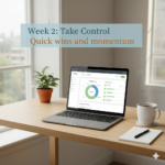 Laptop on a desk facing a window with a plant and coffee and notepad