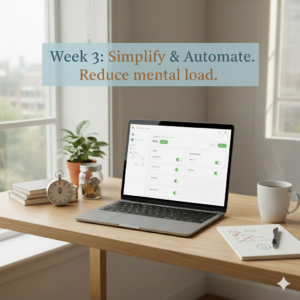 Laptop on a desk facing a window with a plant and coffee and money jar
