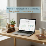 Laptop on a desk facing a window with a plant and coffee and notebook