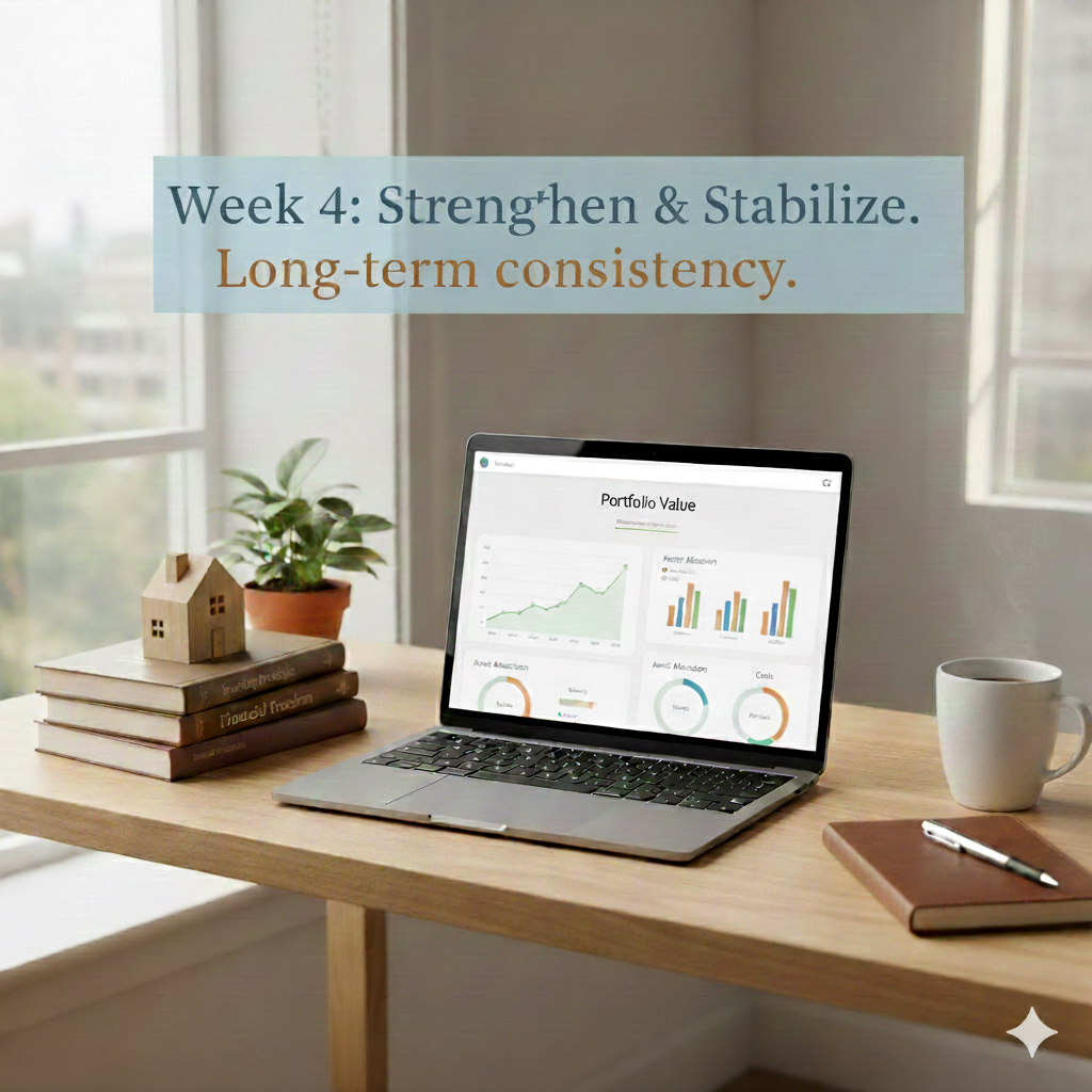 Laptop on a desk facing a window with a plant and coffee and notebook